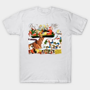 The sleigh flies through the snow with Santa Claus and all his friends while the town waits for Christmas gifts. Retro Vintage Comic T-Shirt